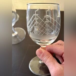 5 Vintage, etched Clipper, cordial glasses by Javit Schooner. 5.25”